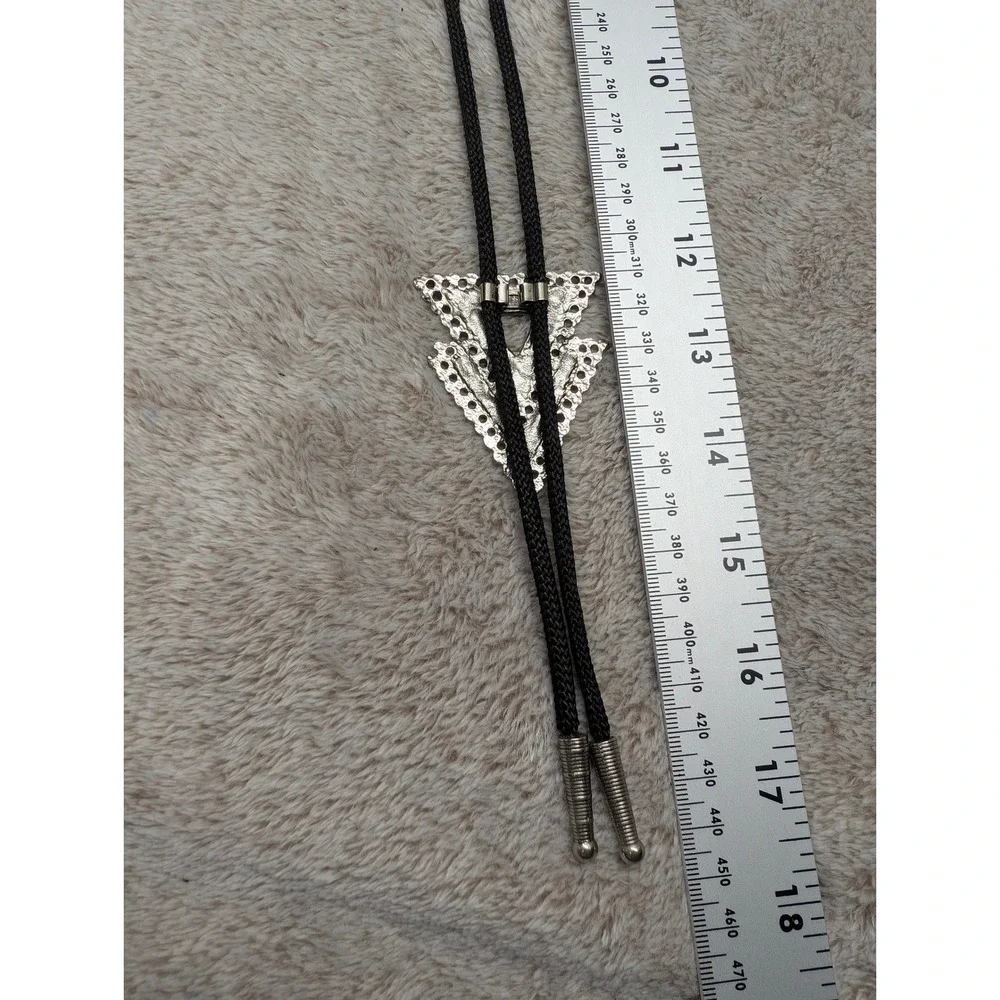 Vintage Silver Tone Arrowhead Bolo Tie Black Braided Cord Geometric Slide